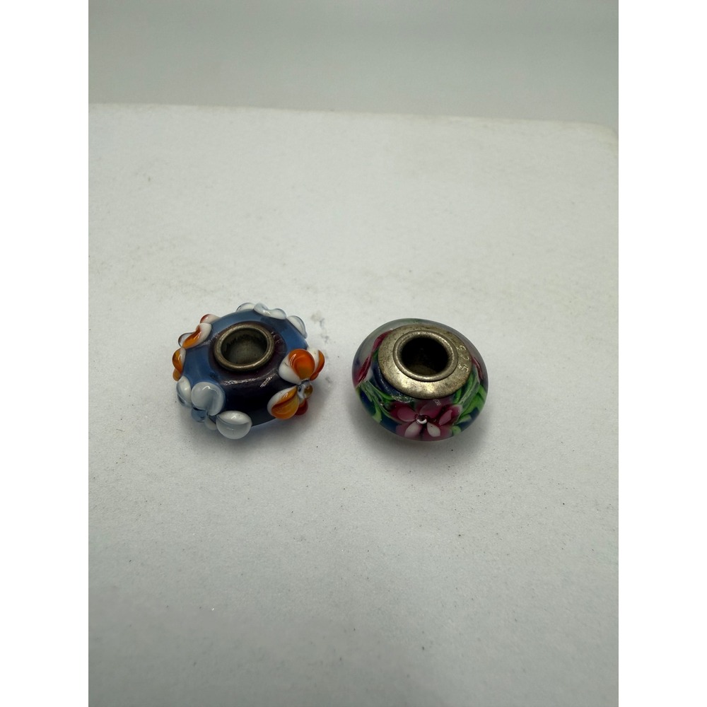 Set of 2 Floral Lampwork Glass Beads Sterling Silver 925 Core Charms Blue Pink